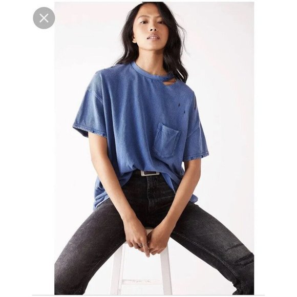Free People Tops - Free People Rubi Ribbed Distressed Pocket T-Shirt Belle Blue NWT Medium